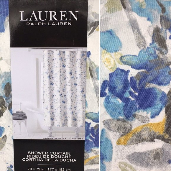 Ralph LAUREN Abstract Floral Fabric Shower Curtain Blue Gray Mustard Yellow NEW - Picture 1 of 8